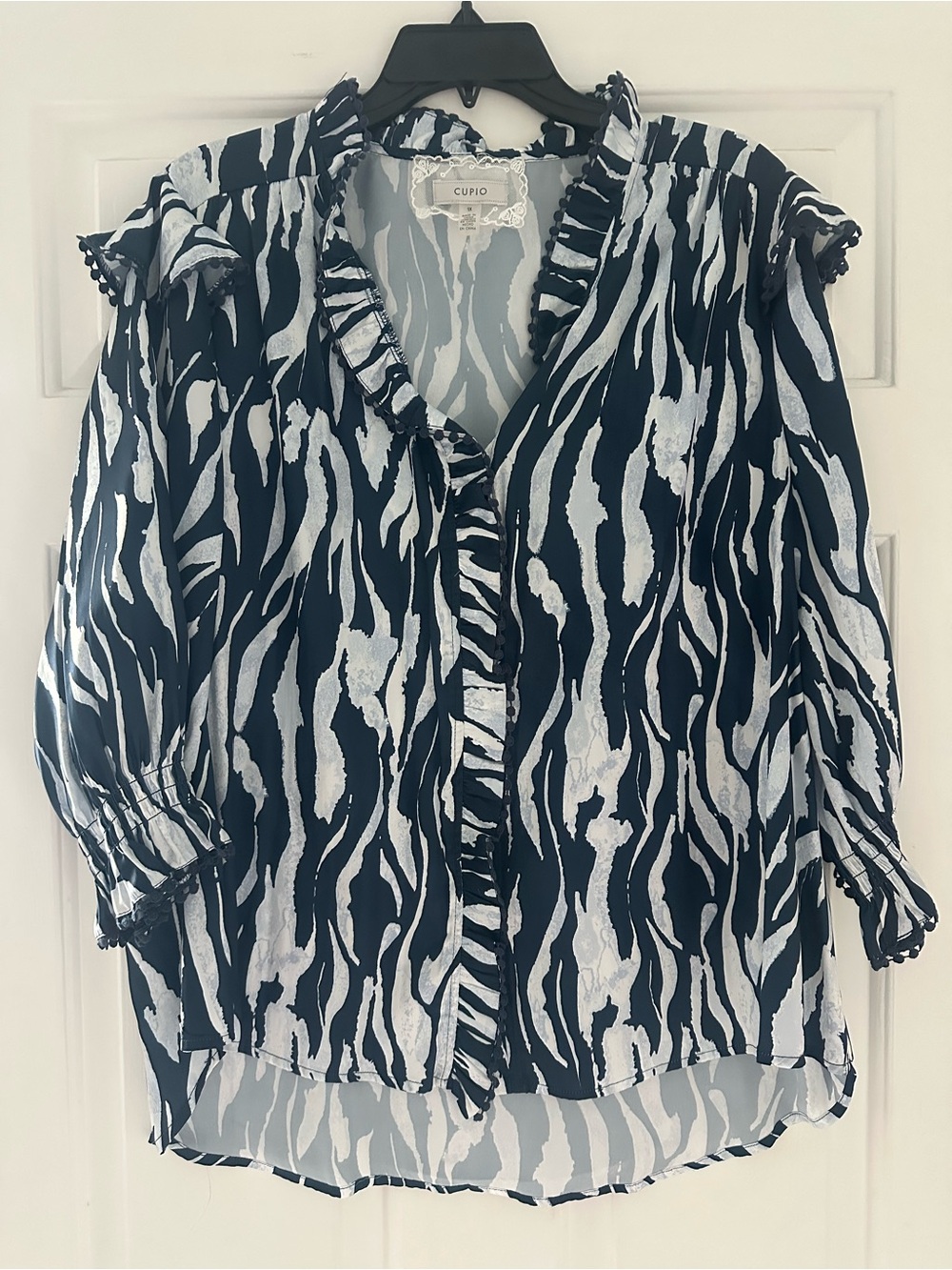 Cupio Black & White Zebra Ruffle Button-Up Blouse